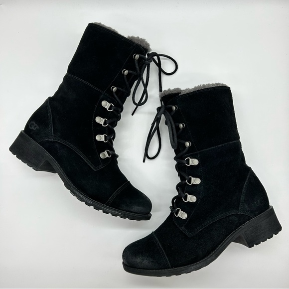 UGG Women’s Gradin Black Suede Combat Lace Up Boots Size 7 - Picture 3 of 12